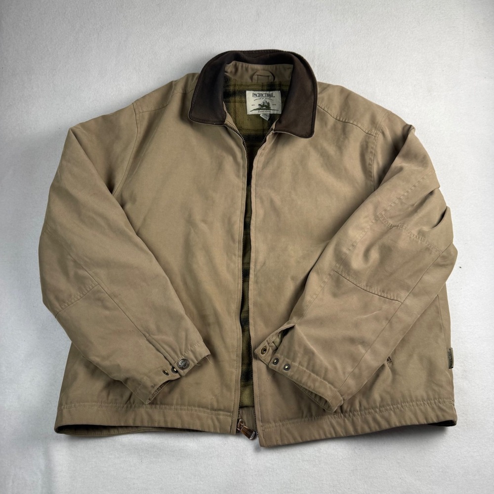 Pacific Trail Mens XL Tan Canvas Workwear Jacket Plaid Flannel Leather Collar